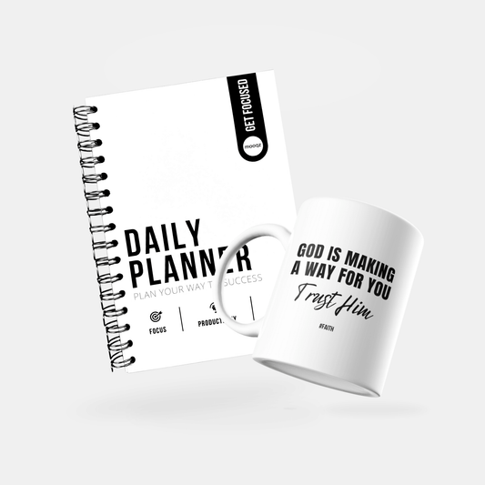 Mooqz Luxe Giftbox featuring a Daily Planner and motivational mug with 'God is Making a Way for You' quote.