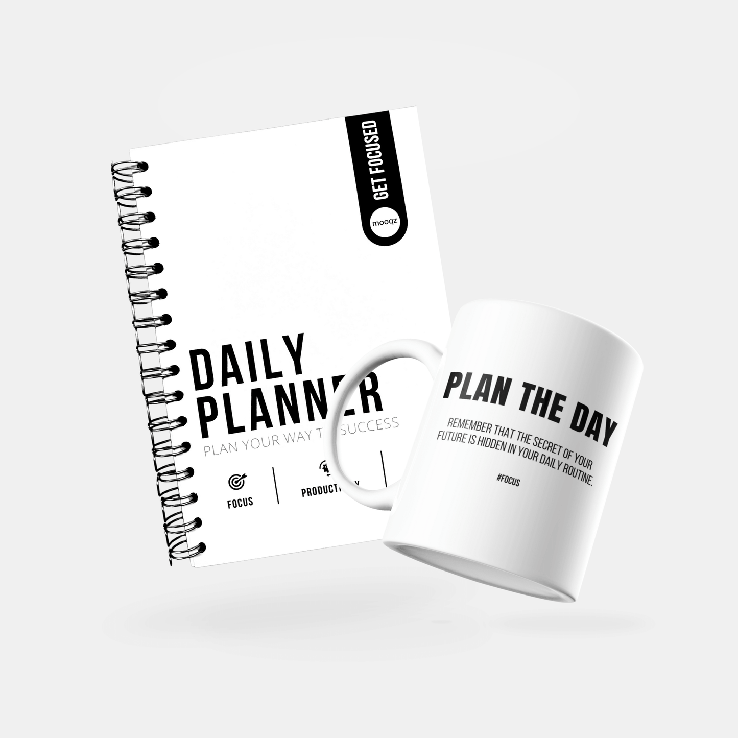 Mooqz Daily Planner and motivational mug set for improved productivity and goal-setting.