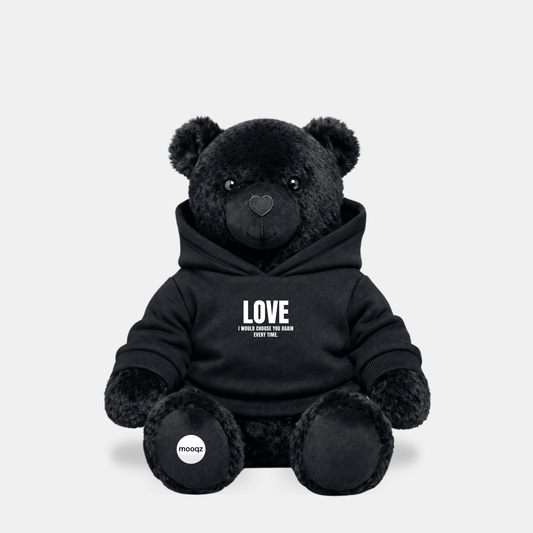 Mooqz plush bear met hoodie omhoog en love statement op borst