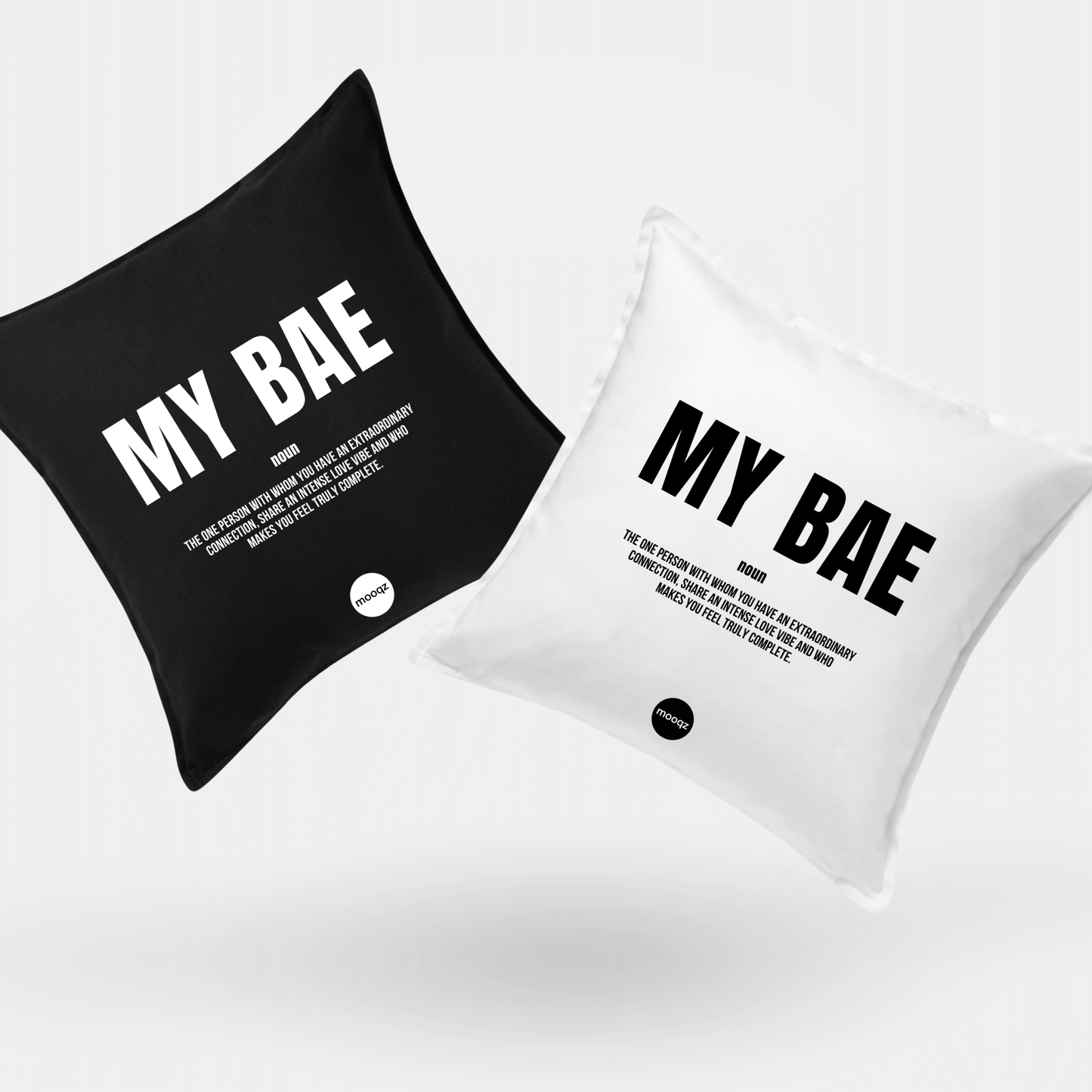 My Bae kussens in zwart en wit, stijlvolle couple set met love quote van Mooqz