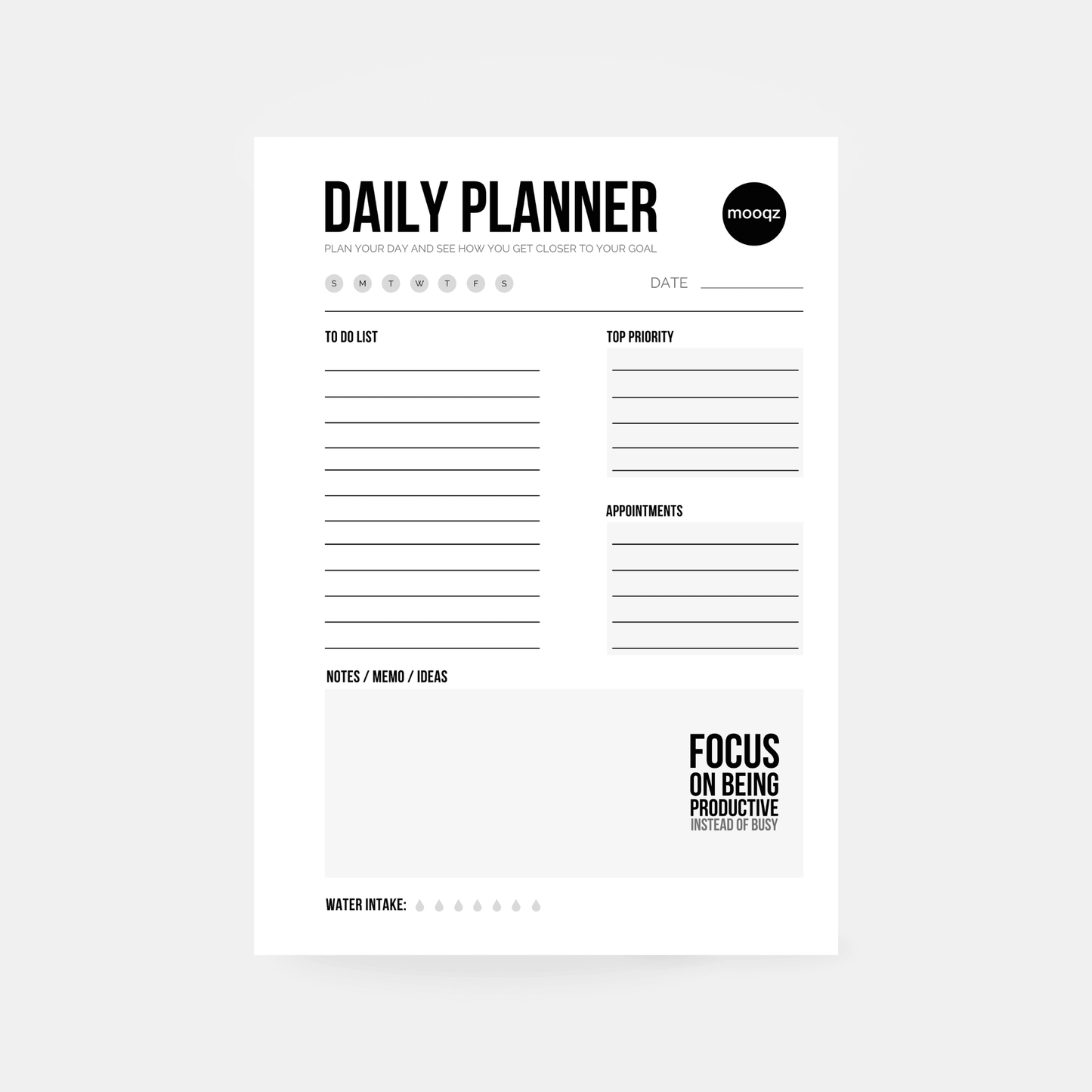 Mooqz Daily Planner template with sections for tasks, priorities, appointments, and notes for improved productivity.