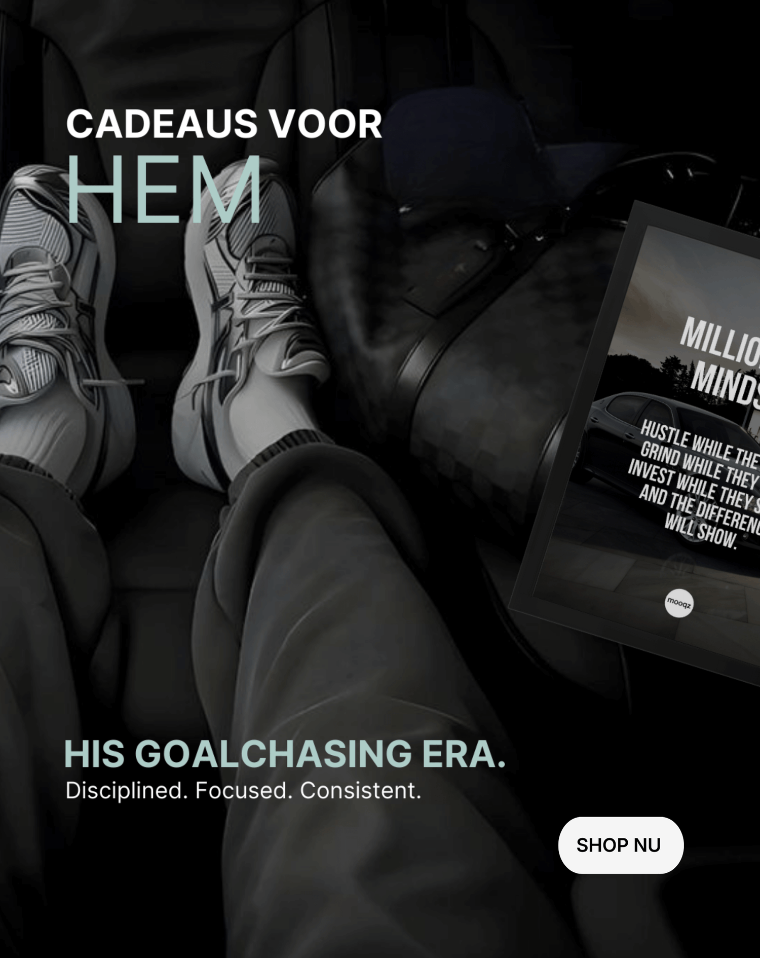 Goalchasing collectie van mooqz met cadeaus voor hem, waaronder posters en lifestyle items gericht op focus, discipline en succes