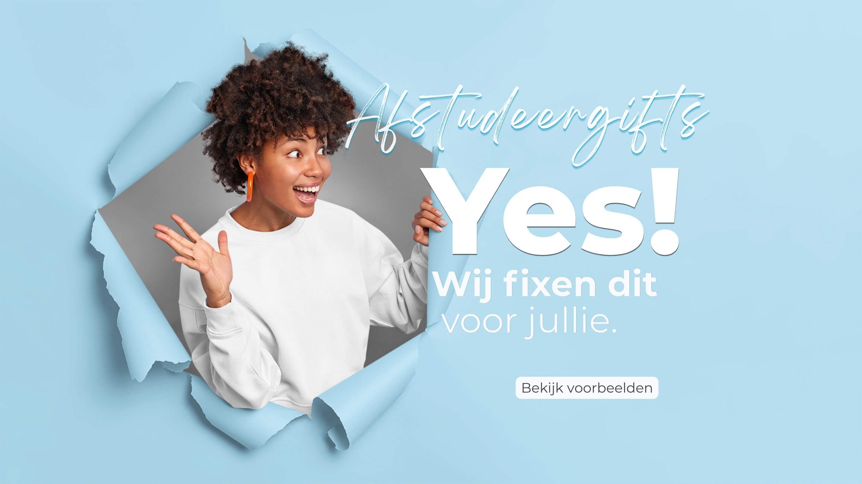 Banner van Mooqz met gepersonaliseerde afstudeergifts voor scholen en de tekst “Wij fixen dit voor jullie” zadkine, albeda, hogeschool rotterdam