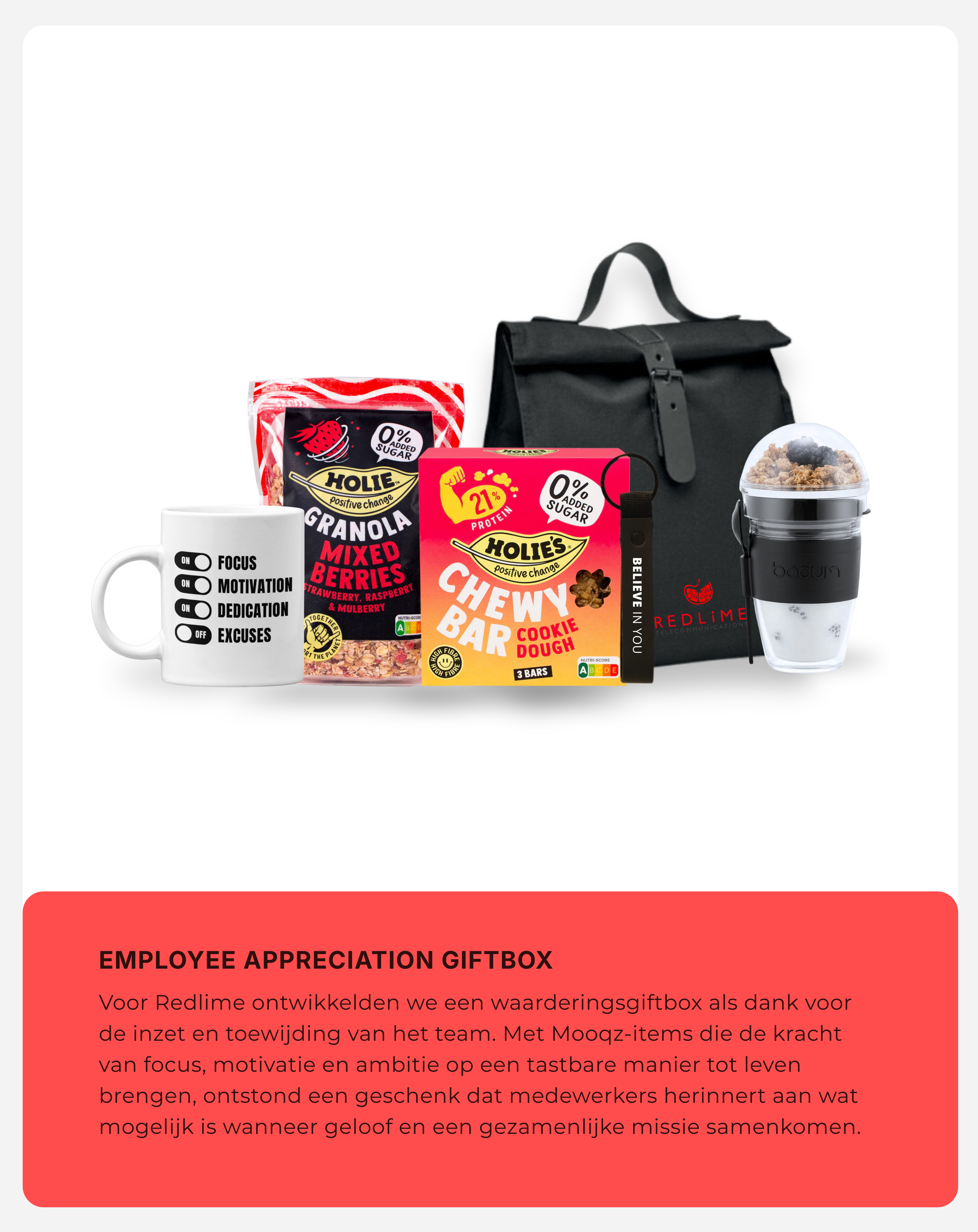 Employee Appreciation Giftbox voor Redlime met Holie's ontbijtproducten en inspirerende Mooqz-items rondom focus, motivatie en toewijding.