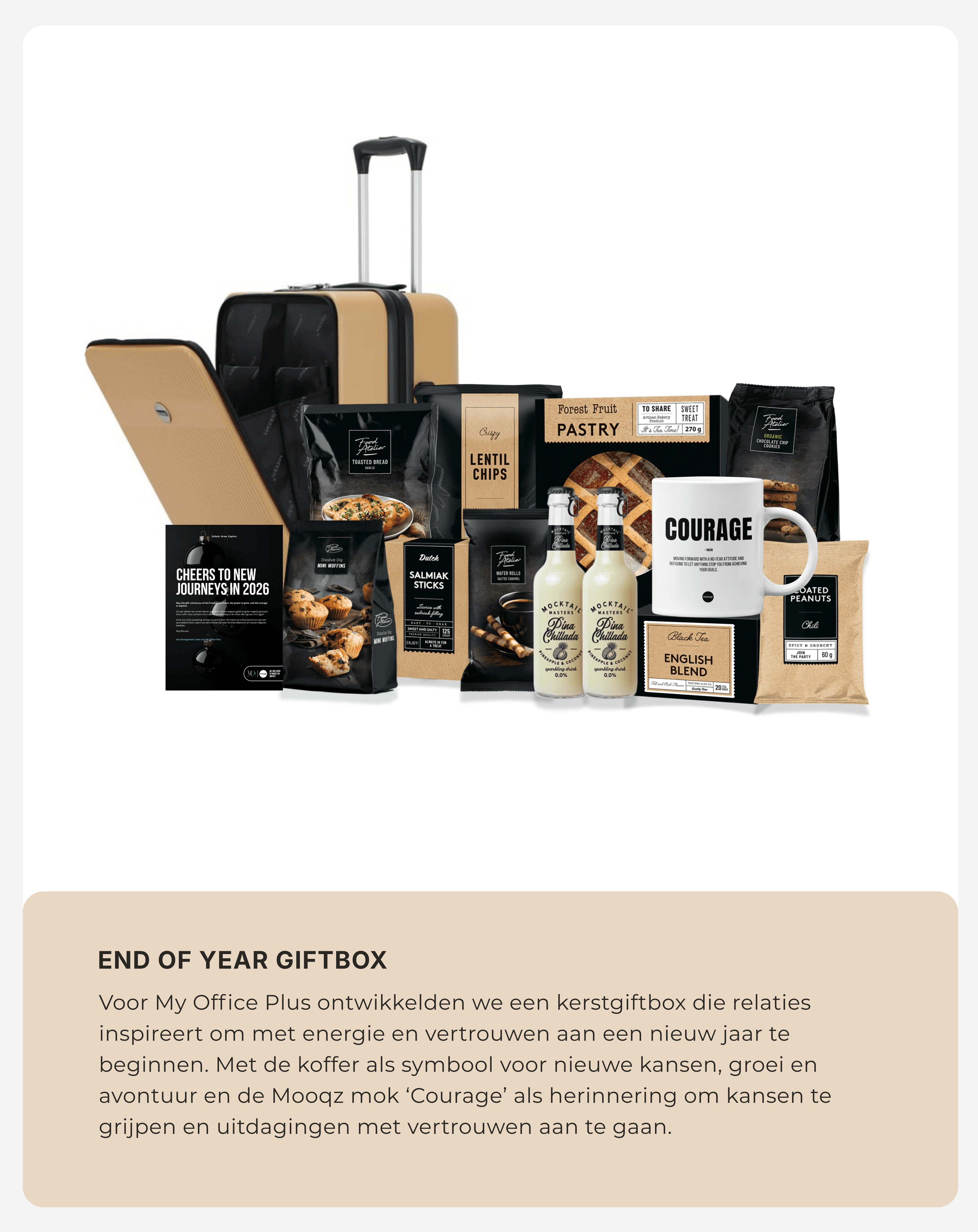 End of Year Giftbox voor My Office Plus met koffer, Mooqz Courage mok en zorgvuldig geselecteerde relatiegeschenken.