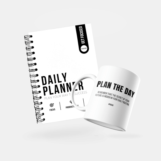 Mooqz Daily Planner and motivational mug set for improved productivity and goal-setting.