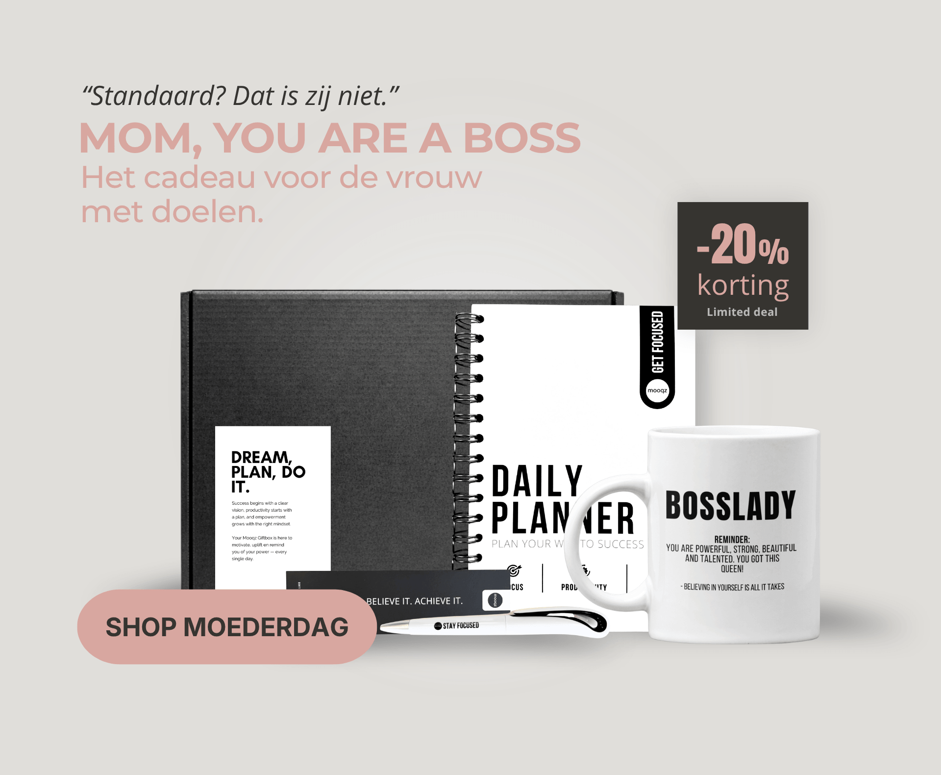 Moederdag cadeau giftbox voor een krachtige moeder met planner en mok van Mooqz
