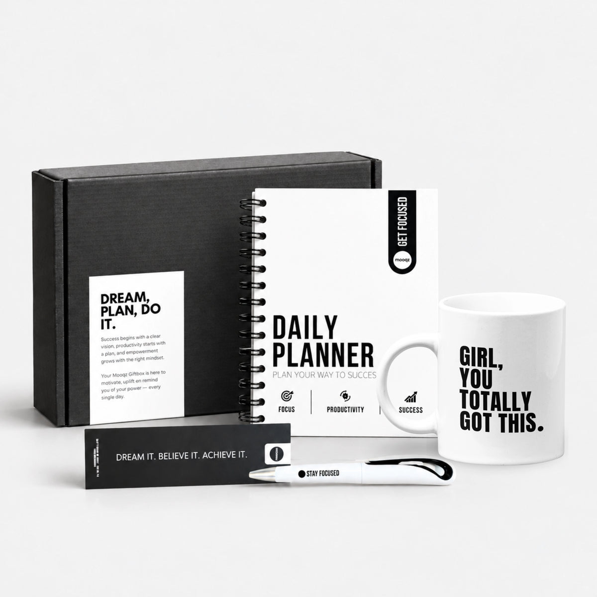 Mooqz You Got This Giftbox met Daily Planner, motiverende mok en accessoires voor dagelijkse focus en inspiratie.