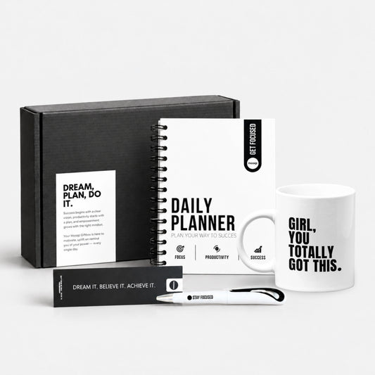 Mooqz You Got This Giftbox met Daily Planner, motiverende mok en accessoires voor dagelijkse focus en inspiratie.