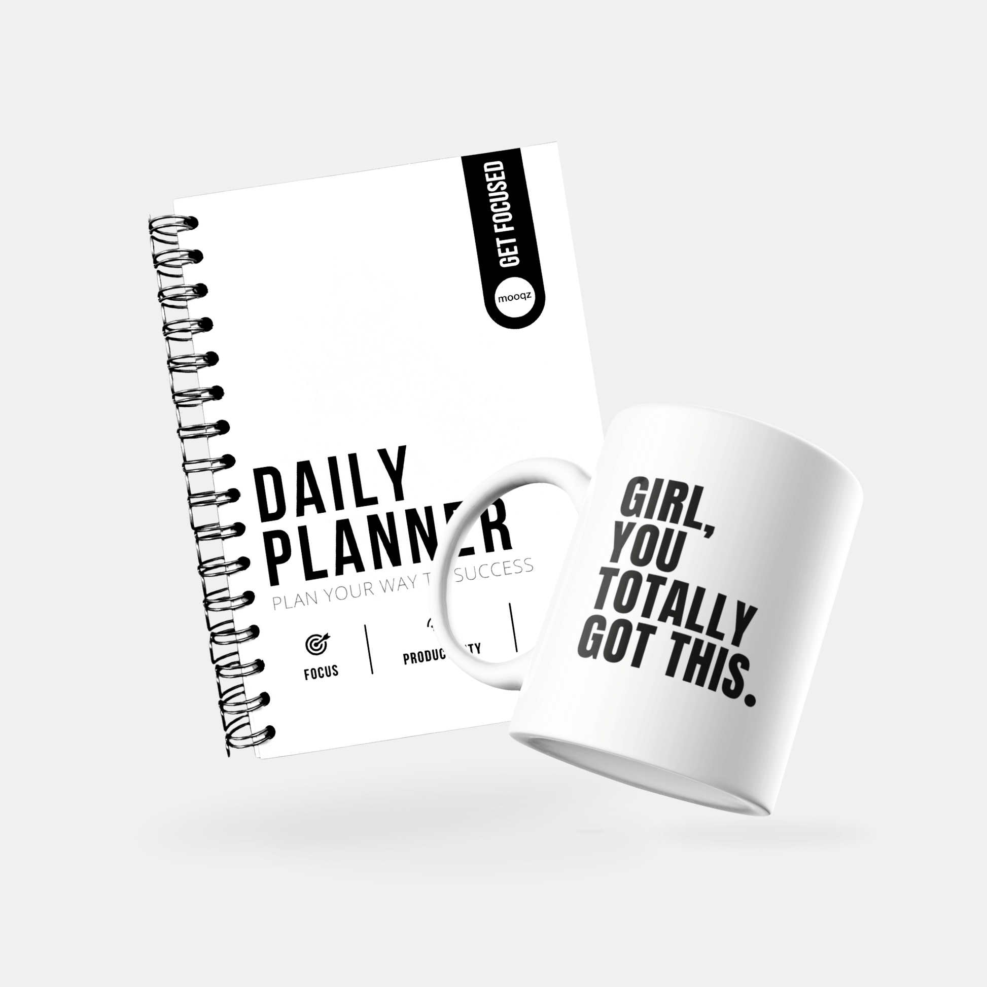 Stylish daily planner and motivational mug combo for focus and inspiration, promoting success and organization.