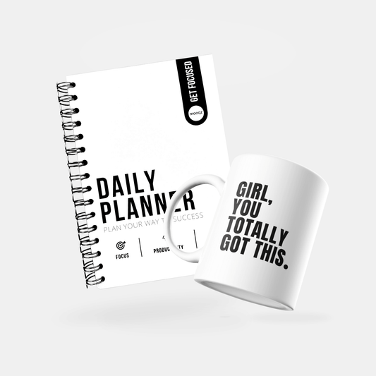 Stylish daily planner and motivational mug combo for focus and inspiration, promoting success and organization.