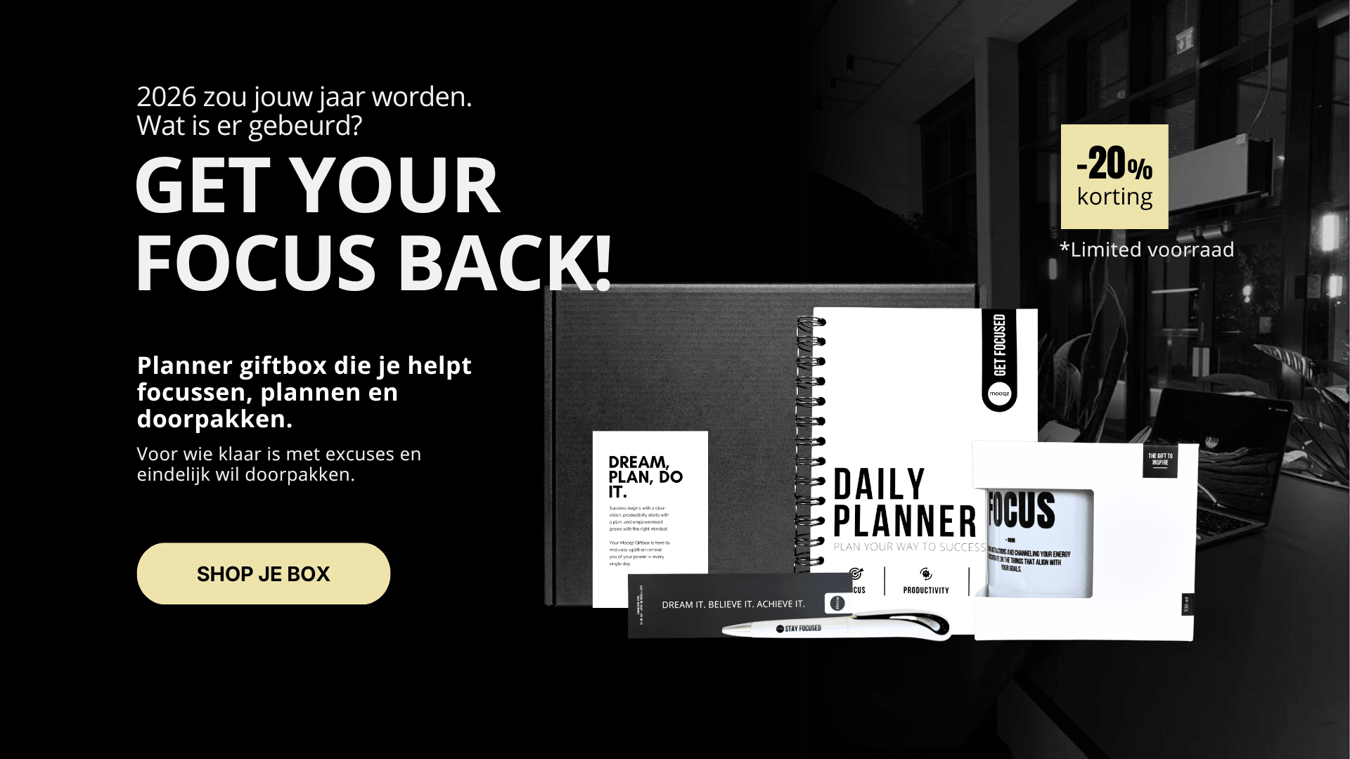 Planner giftbox van Mooqz met daily planner, focus mok en accessoires voor meer discipline, focus en productiviteit met 20% korting