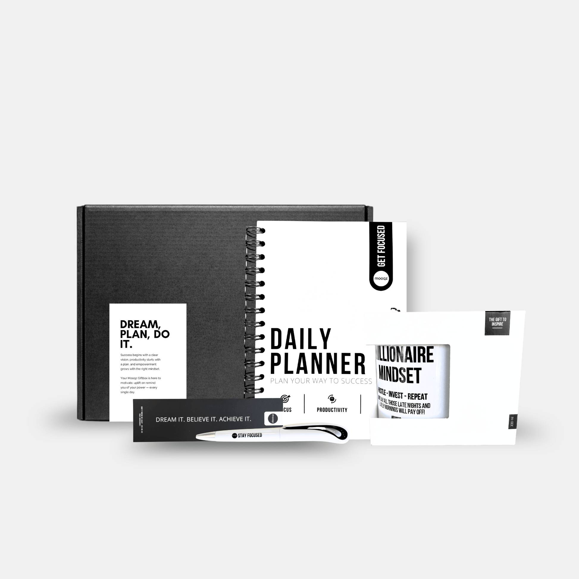 Planner giftbox voor focus en discipline met planner, mok en accessoires van Mooqz