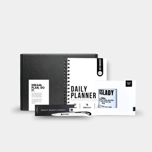 Motivatie giftbox met planner en quote mok voor meer zelfvertrouwen en dagelijkse focus