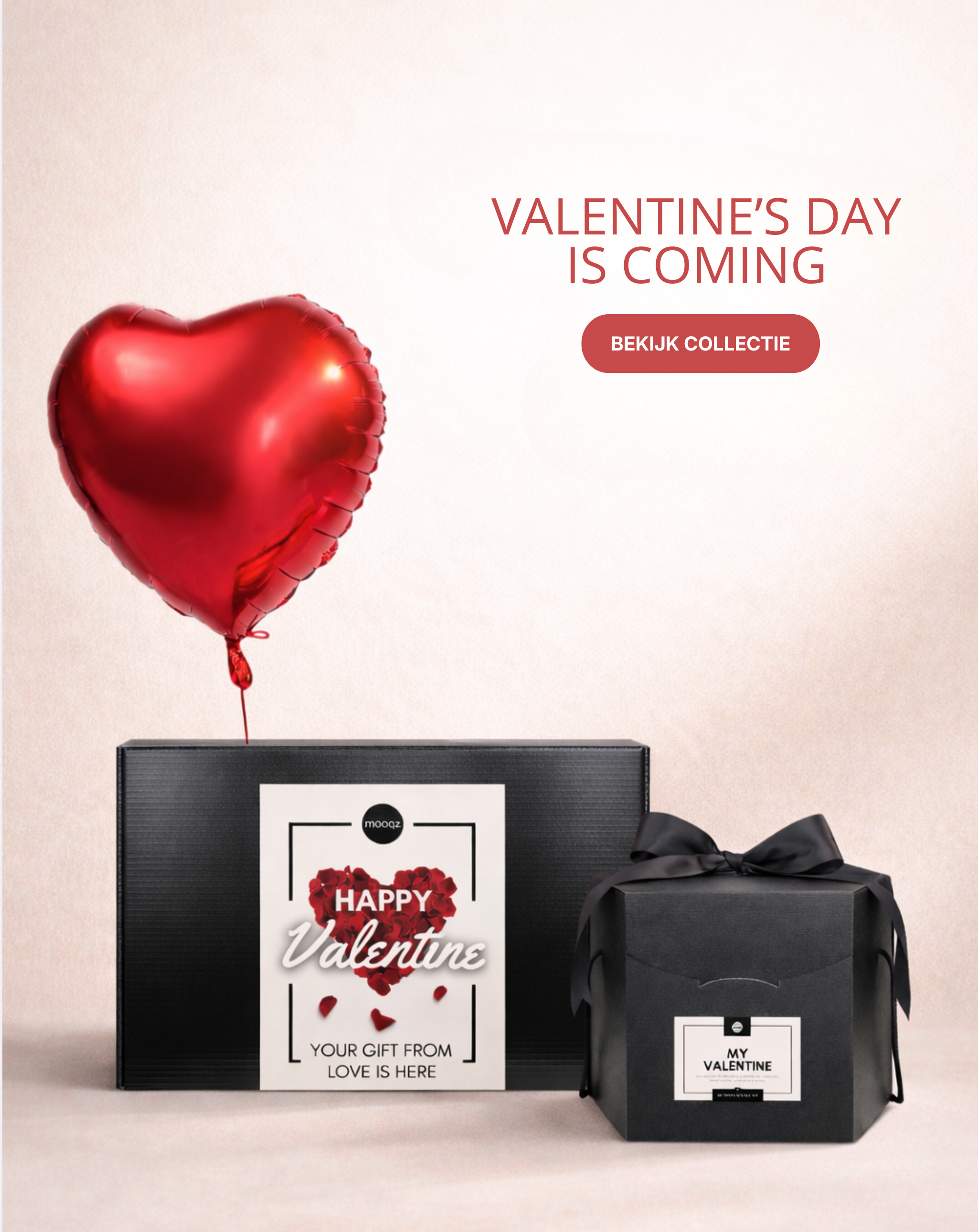 Valentine Limited hero afbeelding met luxe Mooqz Valentine giftbox, zwarte teddybeer en rode hartballon.